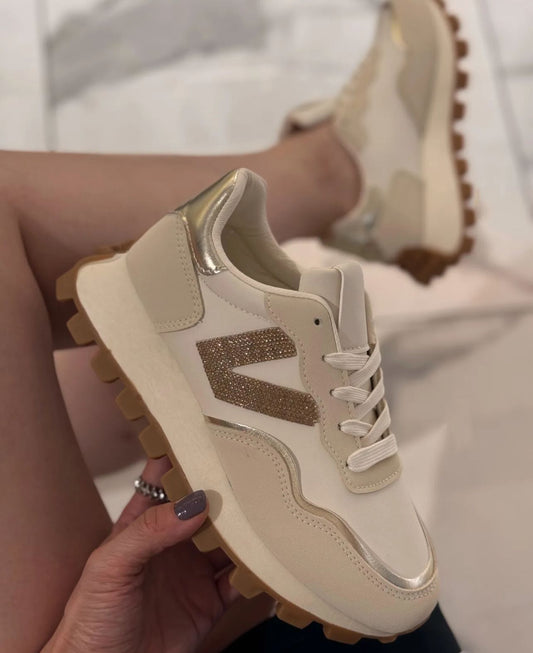 Cream with Gold Diamanté V Trainers